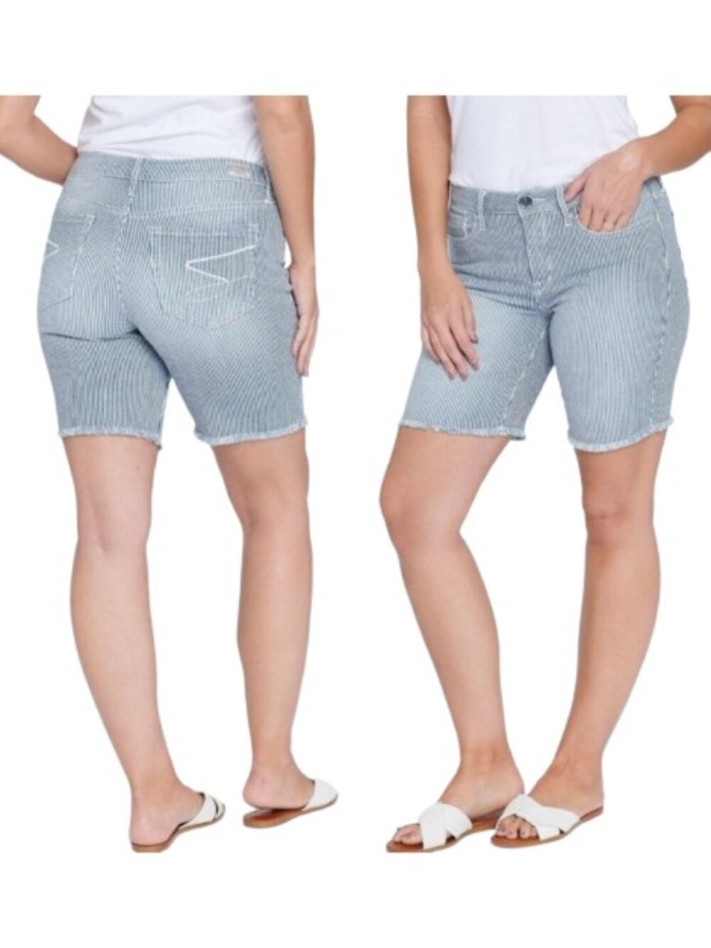 Seven7 Sunset Bermuda Shorts Blue Pinstripe Denim Raw Hem Revitalist MY3329RE